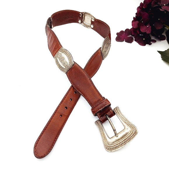 Fossil Accessories - Vintage Fossil Belt Women's M Tan Brown Leather Etched Silver Buckle & Hardware